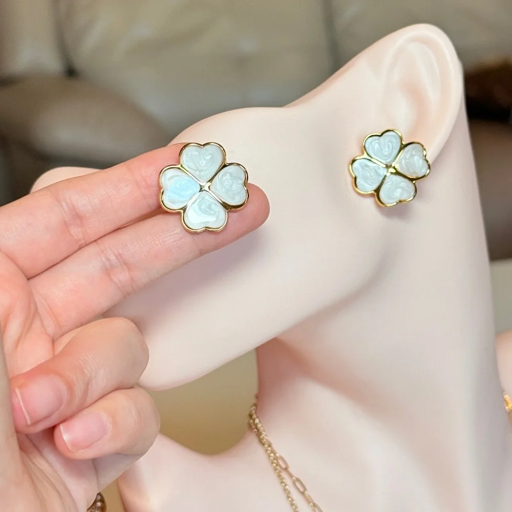 Gold and White Flower Earrings